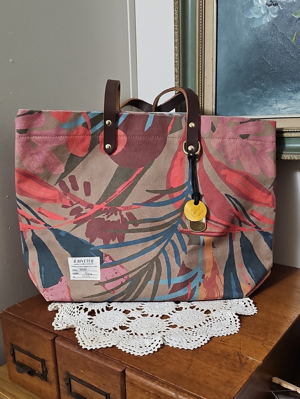 R. Riveter Printed Canvas Tote with Pouch in Pink & Brown